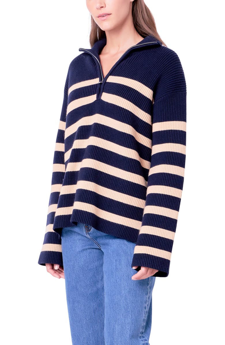 English Factory Stripe Half Zip Sweater, Alternate, color, Navy/ Camel