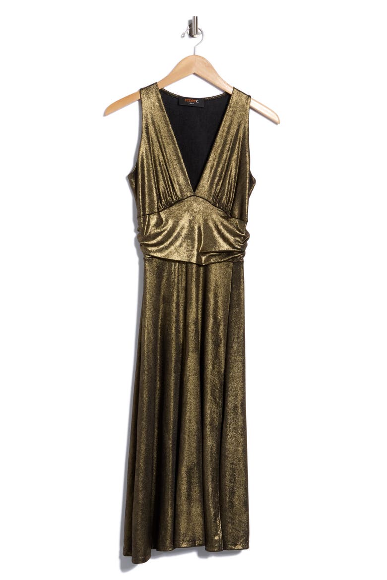 Lurex V-Neck Sleeveless Midi Dress, Alternate, color, GOLD