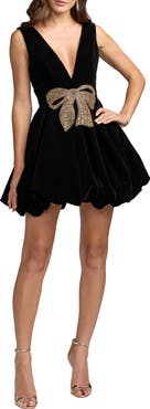 Mac Duggal Sleeveless Bubble Hem Velvet Mini Dress With Bow