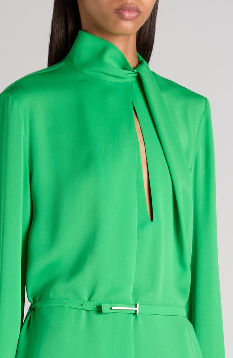 TOM FORD Belted Long Sleeve Silk Georgette Midi Dress, Alternate, color, Green Clover