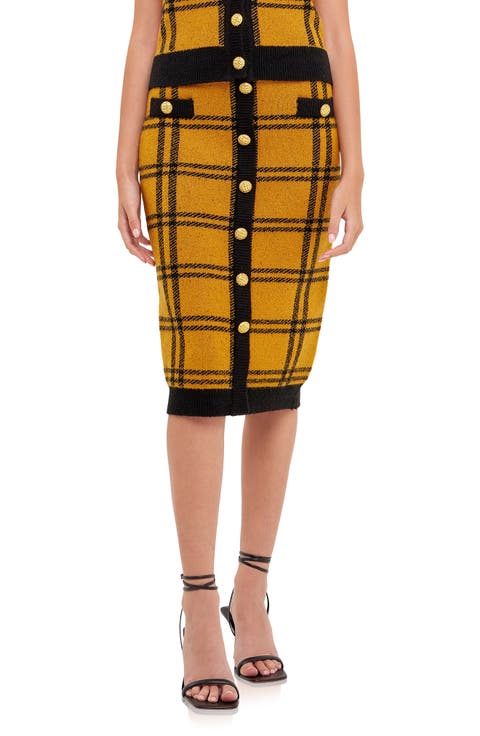 Plaid Double Knit Midi Pencil Skirt