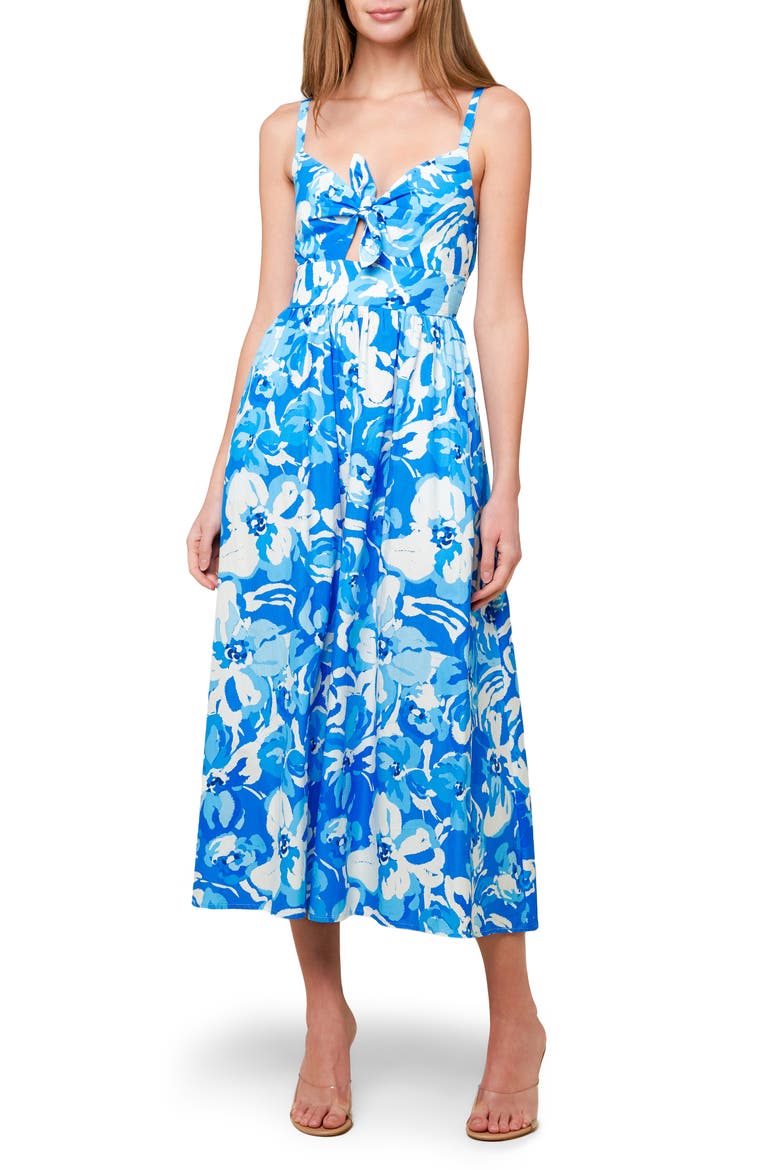 Floral Knotted Front A-Line Sundress, Main, color, IVORY BLUE