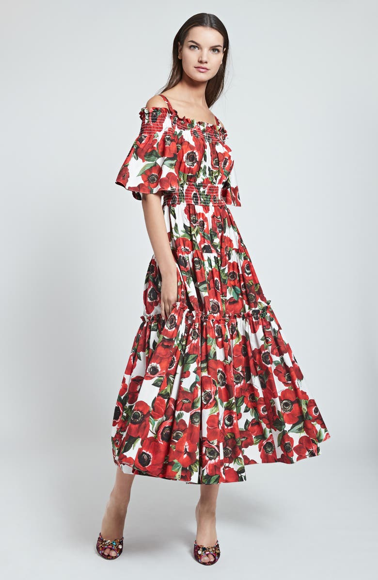 Dolce&Gabbana Poppy Print Tiered Cotton Poplin A-Line Dress, Alternate, color, 
