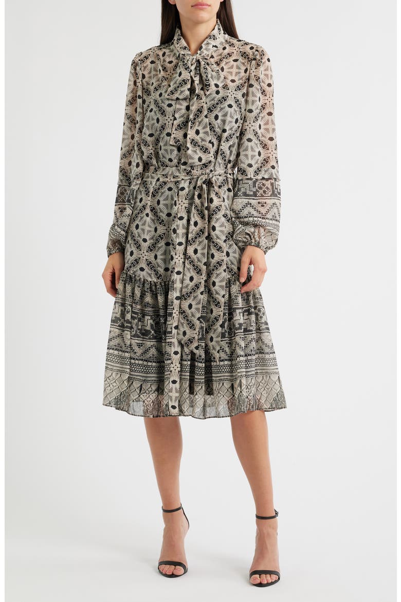 Flint Print Tie Waist Long Sleeve Shirtdress, Main, color, BLACK MULTI