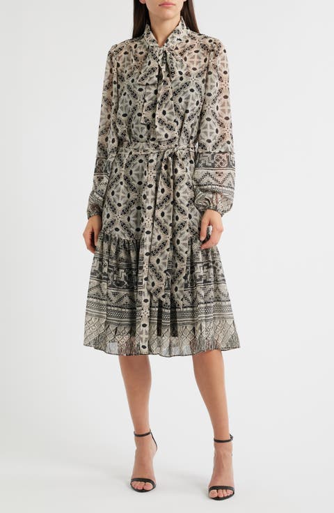 Flint Print Tie Waist Long Sleeve Shirtdress