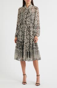 KOBI HALPERIN Flint Print Tie Waist Long Sleeve Shirtdress