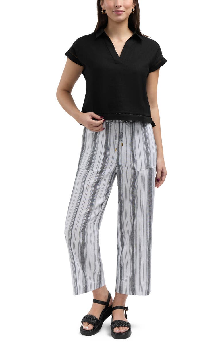 Ellen Tracy Wide Leg Linen Blend Drawstring Crop Pants, Alternate, color, Black/ White Multi Stripe