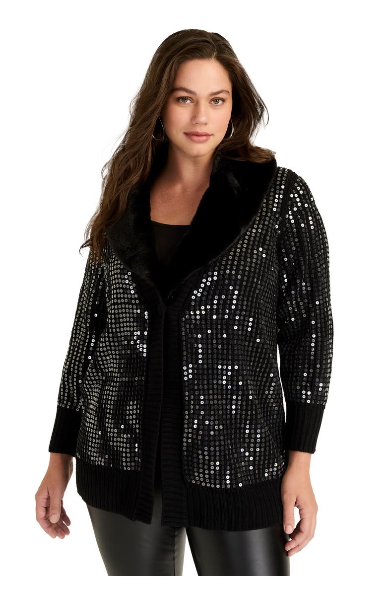 June + Vie Sequin Button-Up Sweater, Main, color, Black Onyx