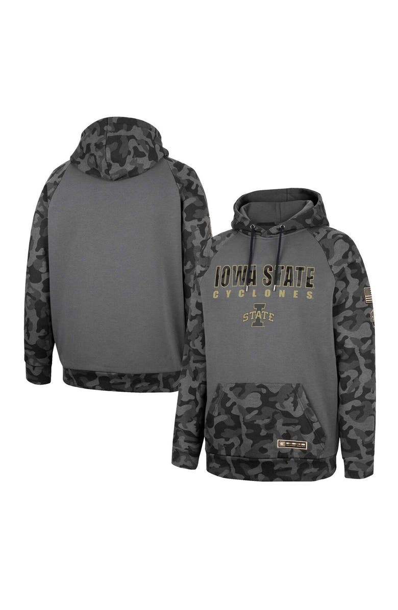 COLOSSEUM Men's Colosseum Charcoal Iowa State Cyclones OHT Military Appreciation Camo Stack Raglan Pullover Hoodie, Main, color,