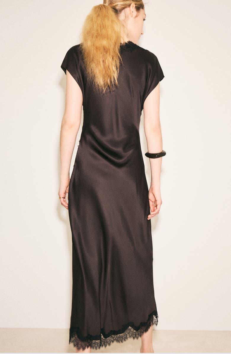 MANGO Lace Trim Satin Maxi Dress, Alternate, color, Brown