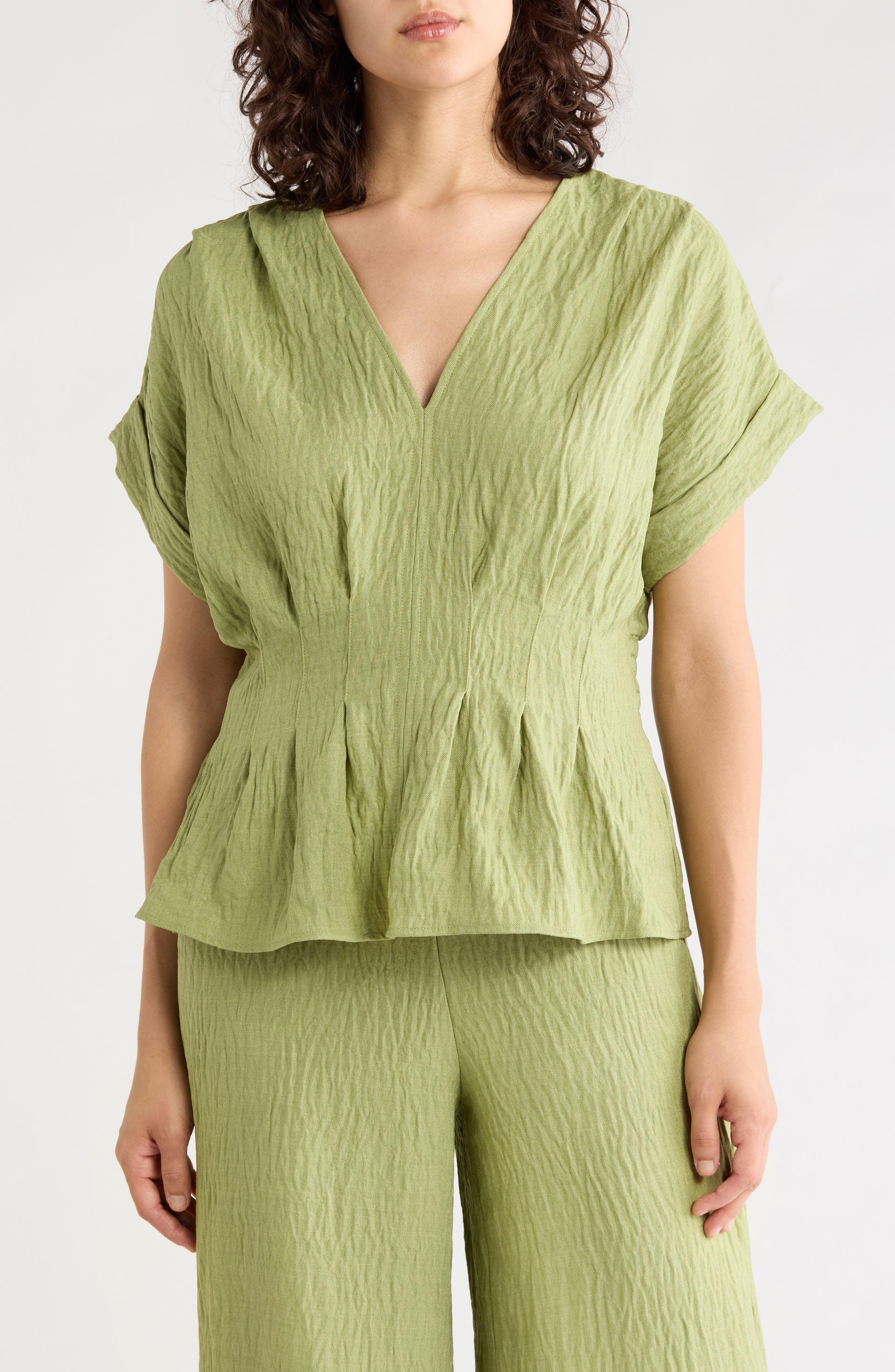Pleated V-Neck Woven Top
