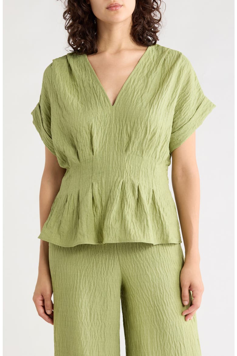 Pleated V-Neck Woven Top, Main, color, HEATHER LEAF