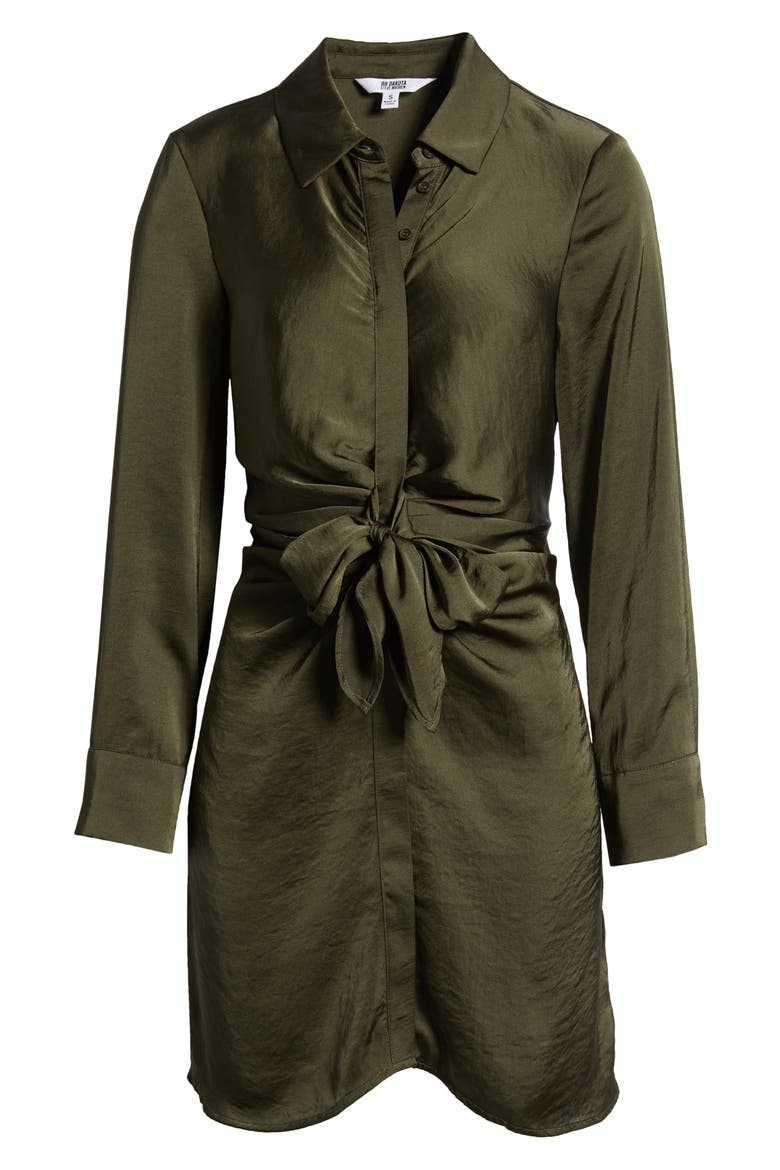 Tie Waist Long Sleeve Satin Shirtdress, Alternate, color, BOTTLE GREEN