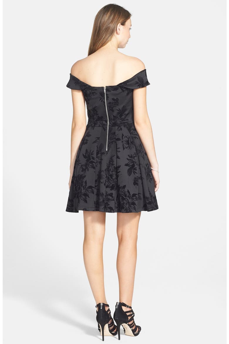 'Marilyn' Flocked Off the Shoulder Skater Dress, Alternate, color, BLACK