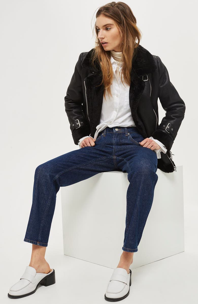 Topshop Faux Shearling Biker Jacket, Alternate, color, 