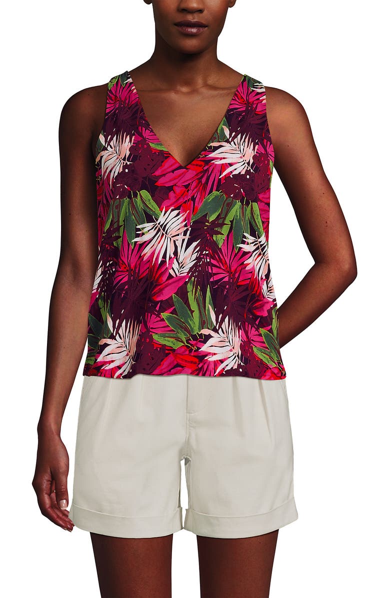 Lands' End Lightweight Jersey Blouson Vneck Tank, Main, color, Hot Pink Tropical Palm
