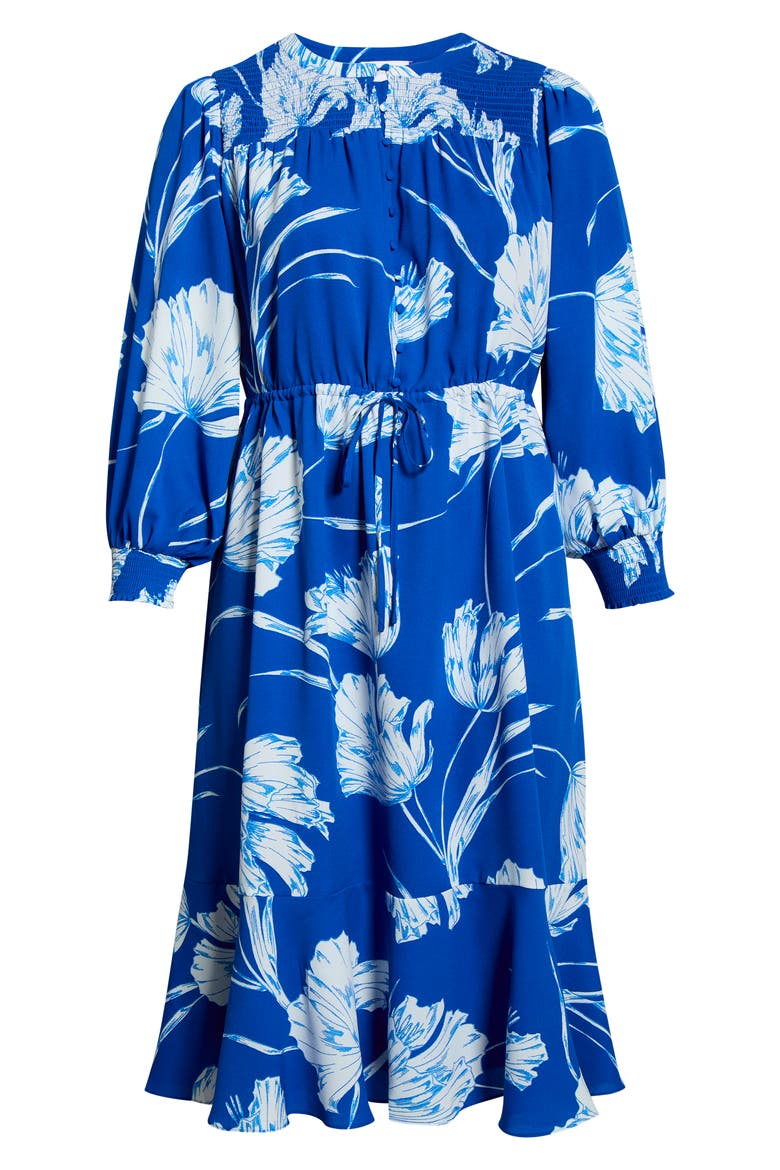 Amanlia Floral Keila Long Sleeve Smocked Yoke Midi Dress, Alternate, color, BLUE-WHITE