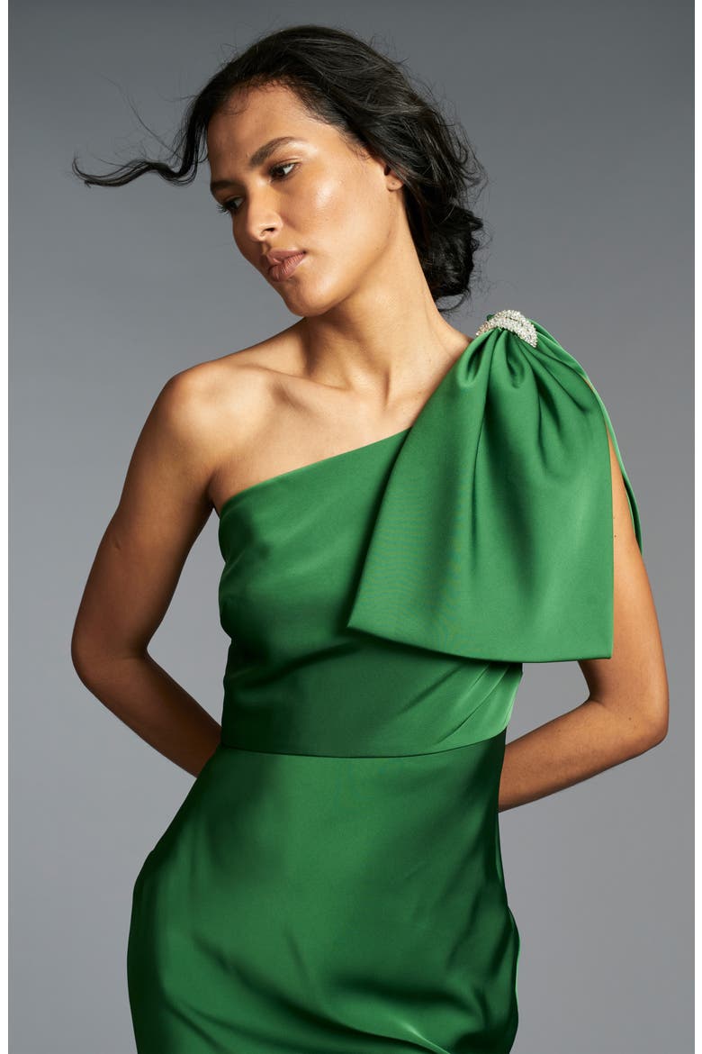 Aubrey One-Shoulder Satin Charmeuse Gown, Alternate, color, EMERALD