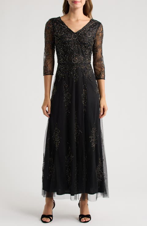Illusion Sleeve Beaded A-Line Gown