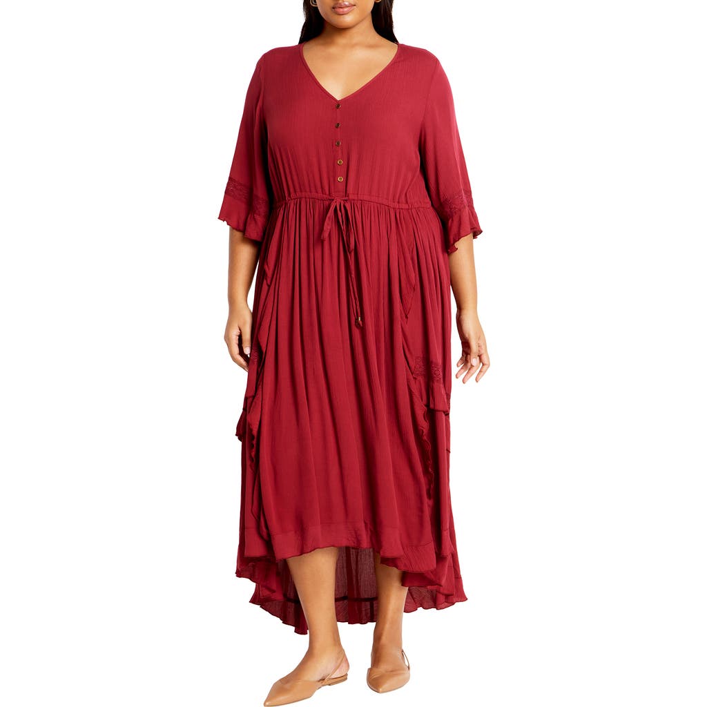 City Chic Rosie Lace Trim High-low Maxi Dress In Red