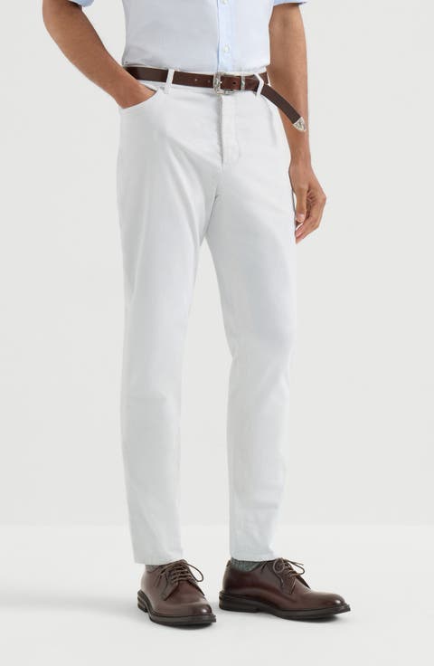 Garment-dyed comfort lightweight denim traditional fit five-pocket trousers