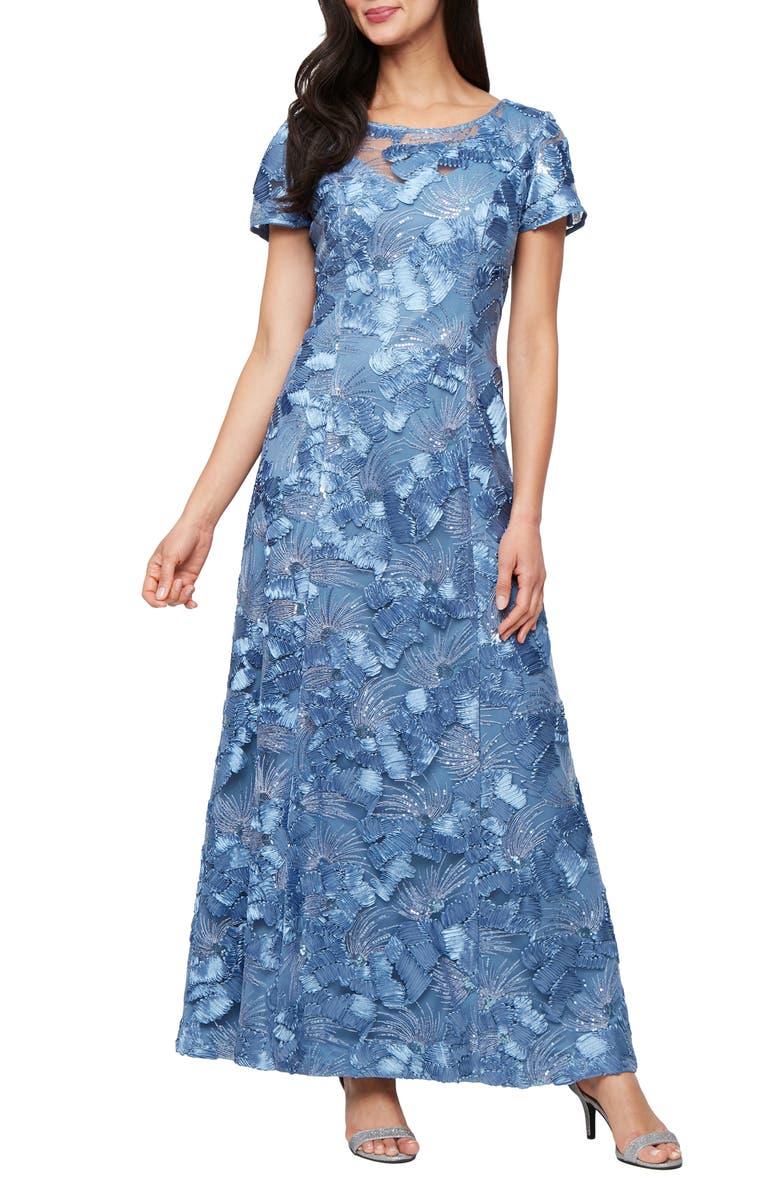 Alex Evenings Sequin Soutache A-Line Gown, Main, color, Brush Periwinkle