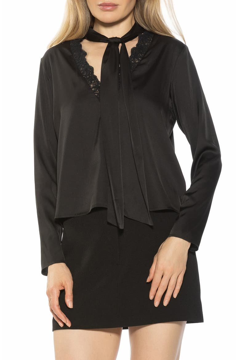 Vienne Lace Trim Tie Neck Blouse, Main, color, BLACK