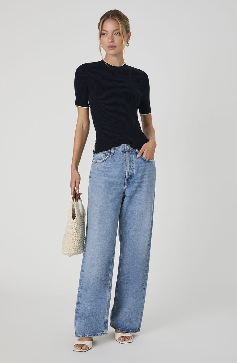 French Connection Mozza Short Sleeve Cotton Rib Sweater, Alternate, color, 40-Marine-Porc Cream