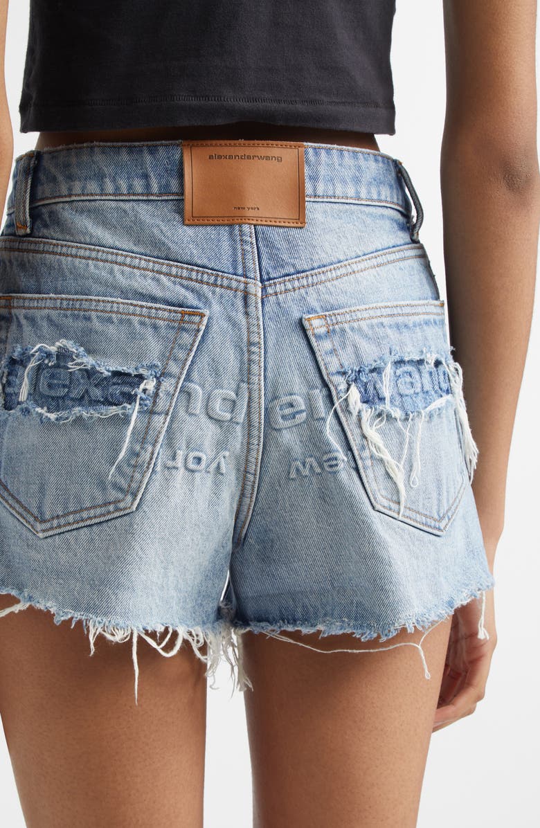 Alexander Wang Distressed Logo High Waist Denim Bite Shorts, Alternate, color, Authentic Light Indigo