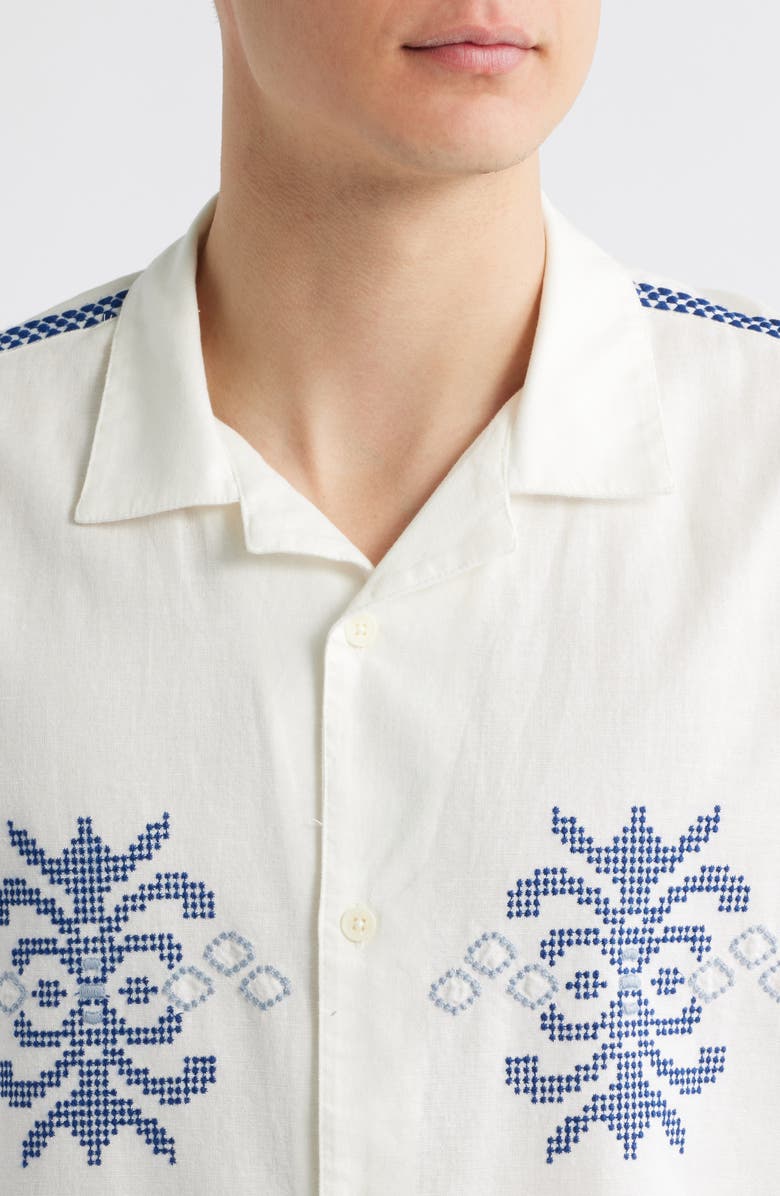 Wax London Didcot Crest Motif Short Sleeve Camp Shirt, Alternate, color, Ecru / Blue