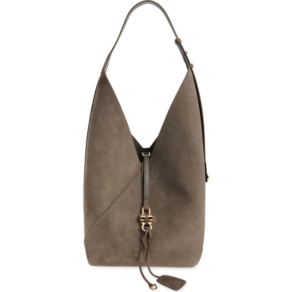 Ferragamo Dove Grey Suede Shoulder Bag In Concrete