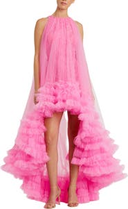 Mac Duggal Women's Tulle High Neck Sleeveless Ruffled Hem Hi-Lo Gown