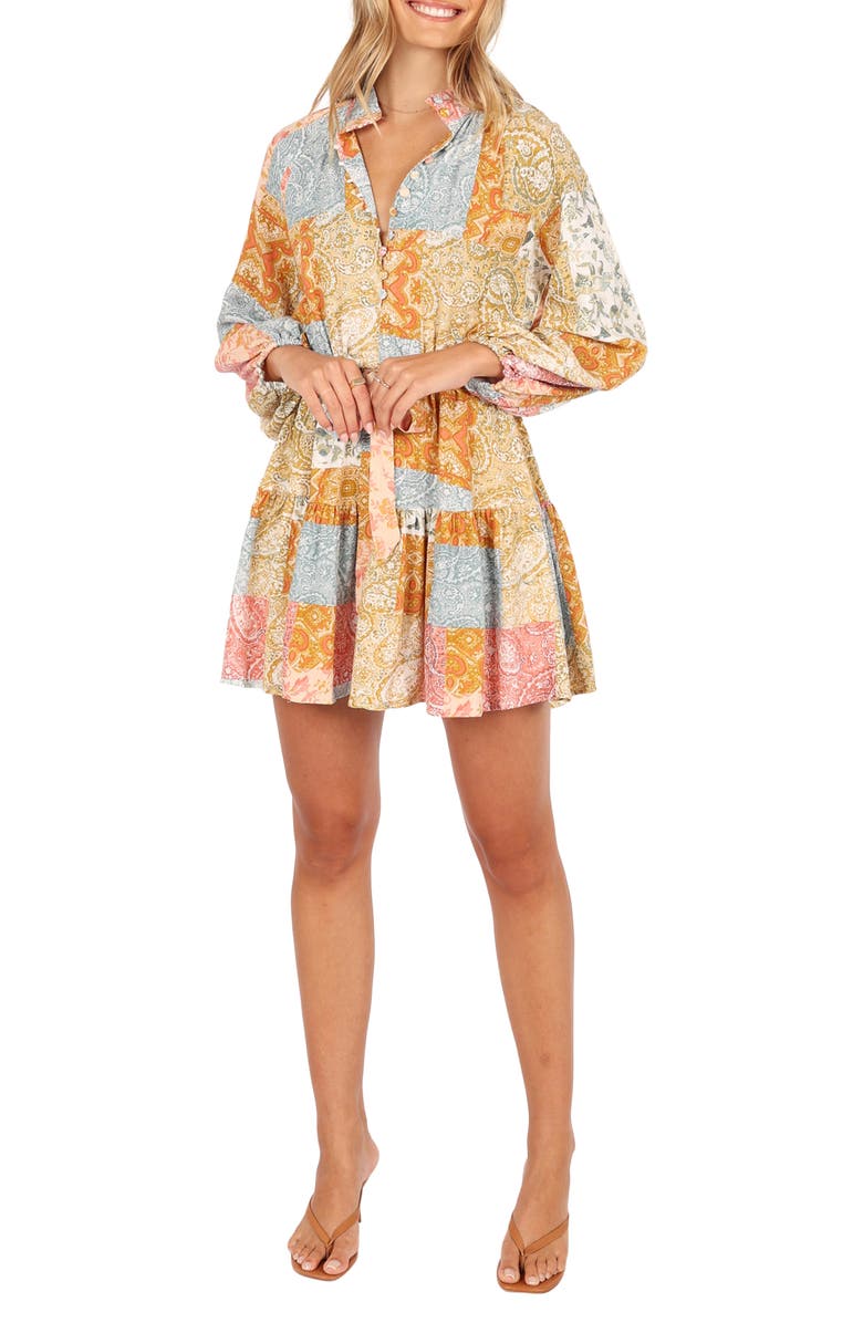 Petal & Pup Silante Patchwork Print Belted Long Sleeve Shirtdress, Main, color, Maxine