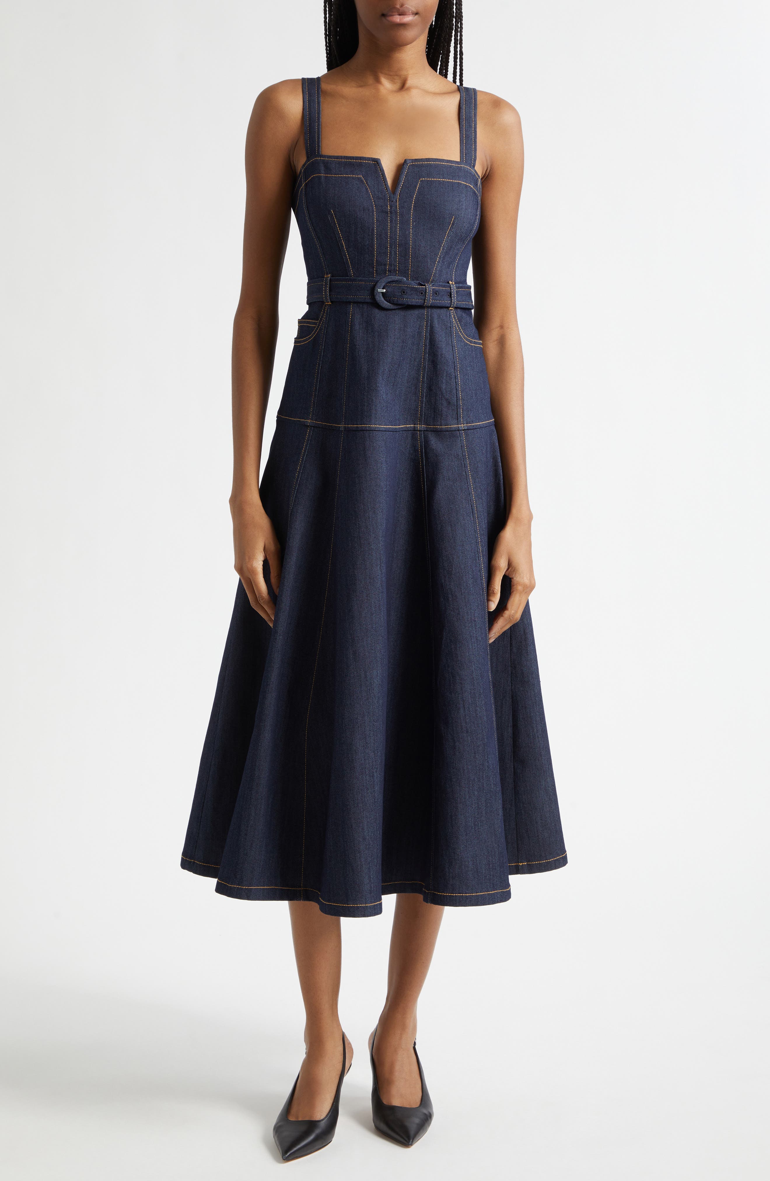 Tina Belted Stretch Denim Midi Sundress