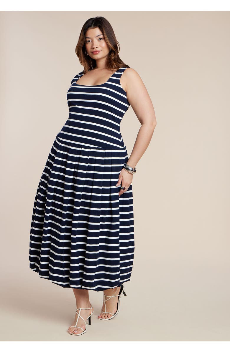 ELOQUII Striped Drop-Waist Bubble Maxi Dress, Alternate, color, Navy Stripe
