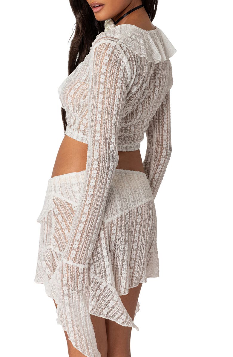 EDIKTED Anastasia Sheer Lace Ruffle Crop Top, Alternate, color,
