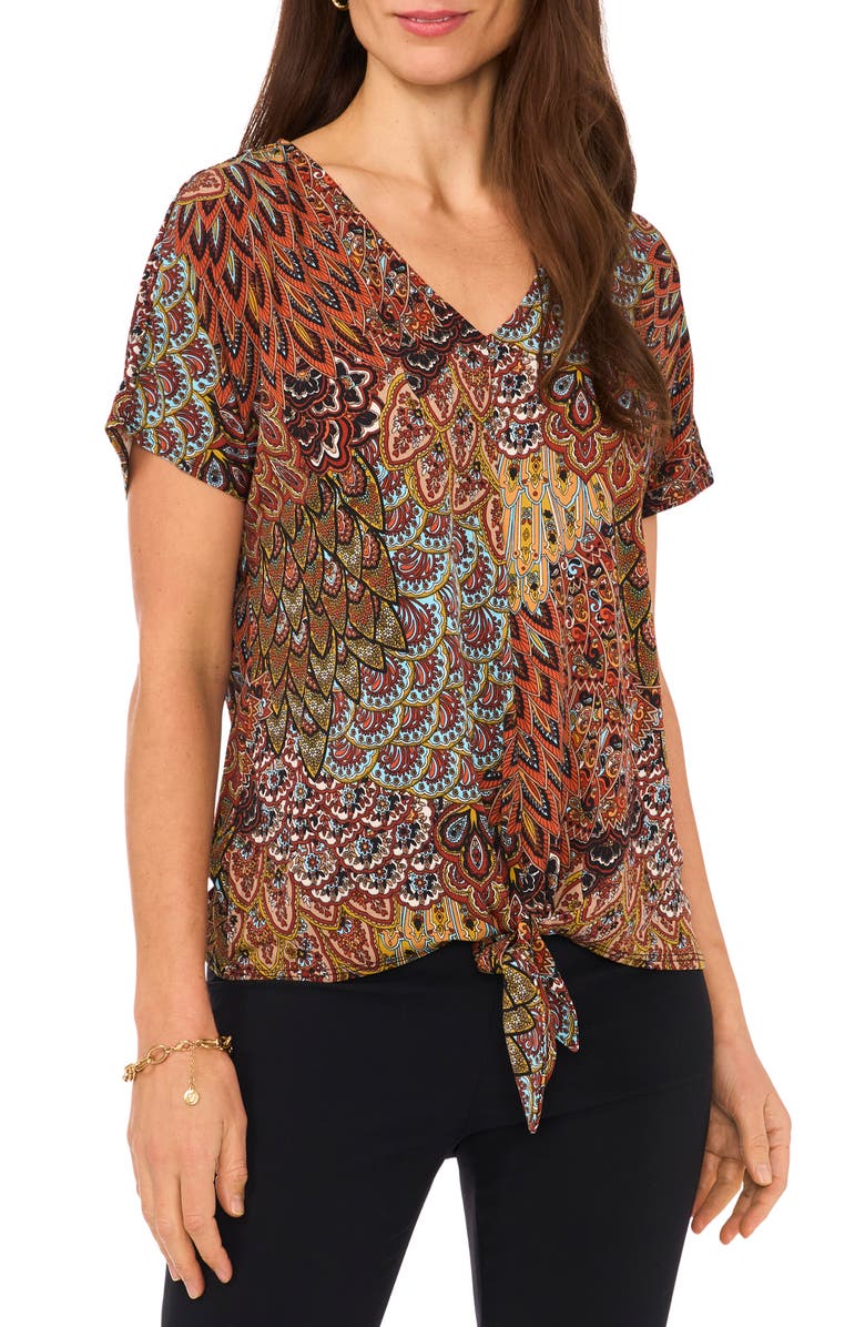 Chaus Paisley Print V-Neck Top, Main, color, Spice Red 620