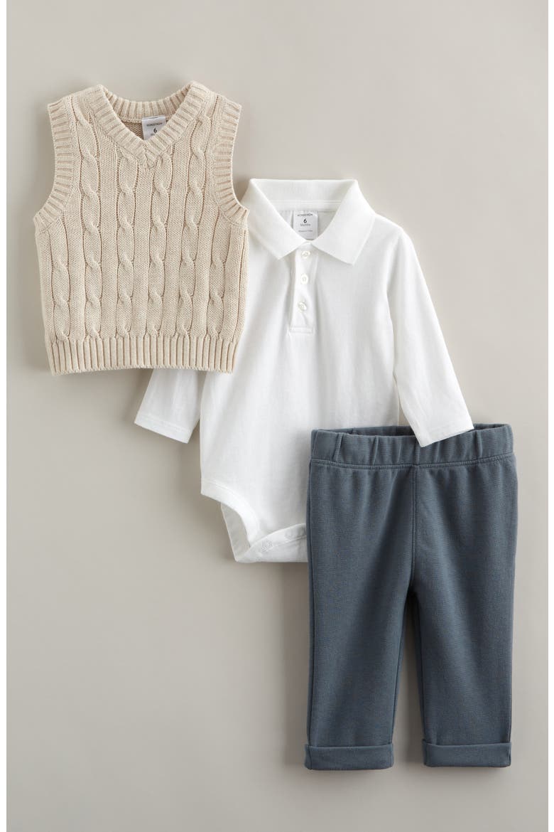 Dressed Up Cable Stitch Vest, Bodysuit & Pants Set, Main, color, BEIGE O- WHITE BLUE WEATHER