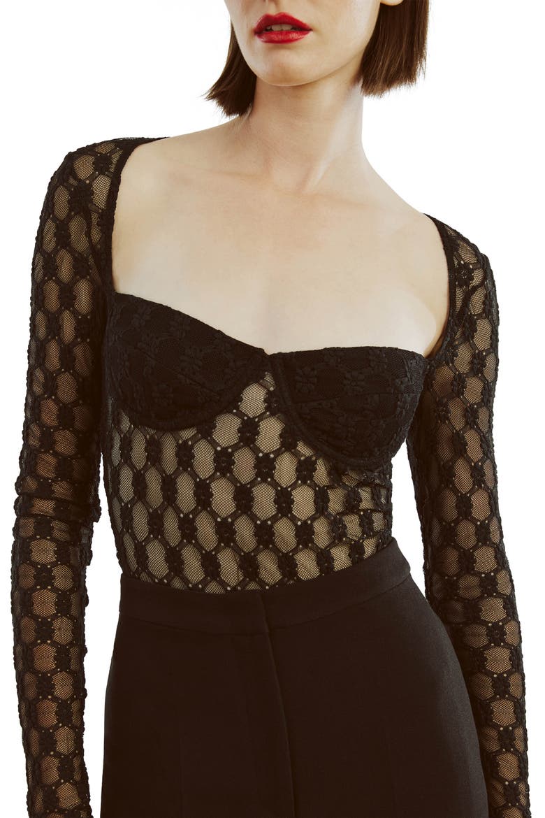 Adoni Long Sleeve Mesh Bodysuit, Alternate, color, BLACK