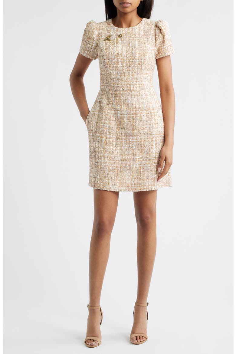 Pin Detail Bouclé Dress, Main, color, IVORY/ GOLD
