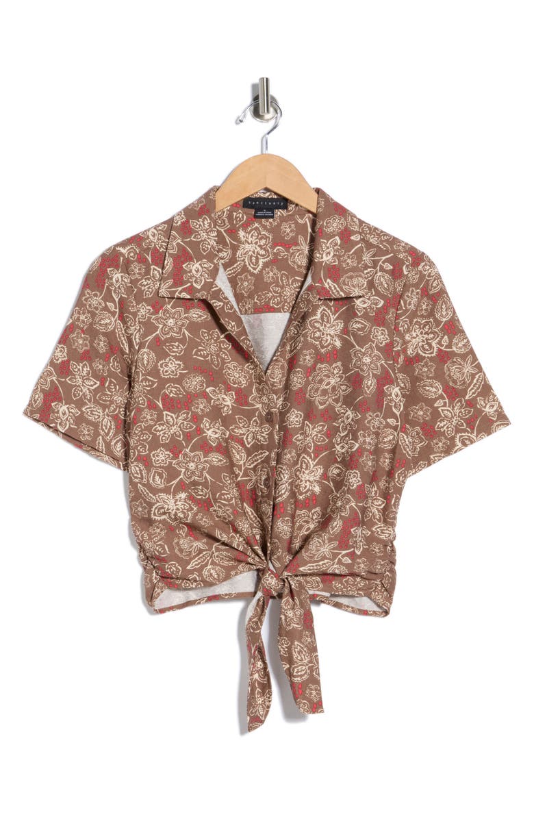 Sanctuary Baja Tie Front Short Sleeve Shirt, Main, color, Banshee Print Brown