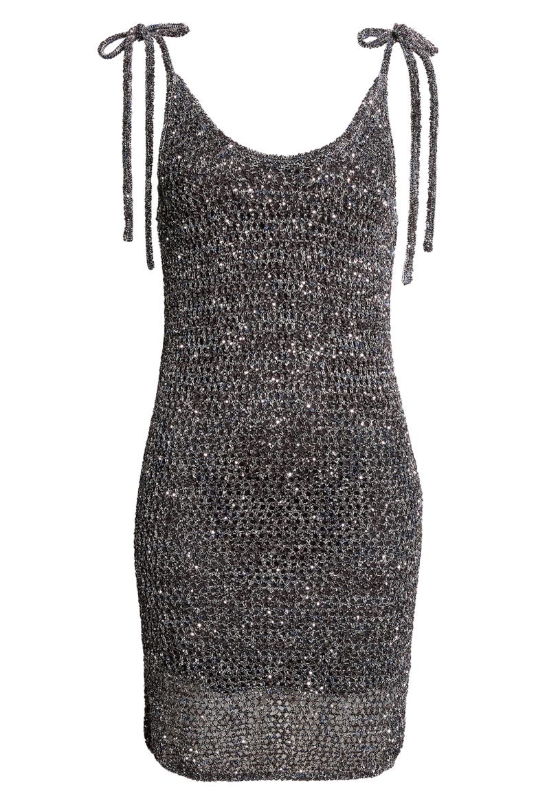 Sequin Metallic Tie Strap Open Stitch Sweater Dress, Alternate, color, BLACK BASE WITH BLUE
