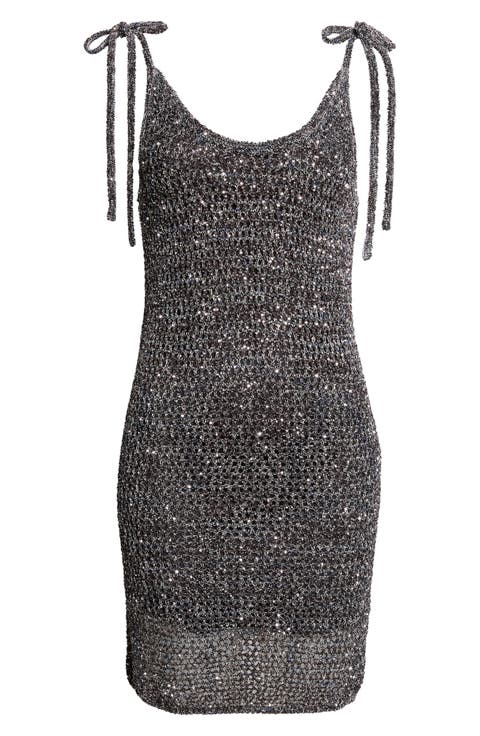 Sequin Metallic Tie Strap Open Stitch Sweater Dress