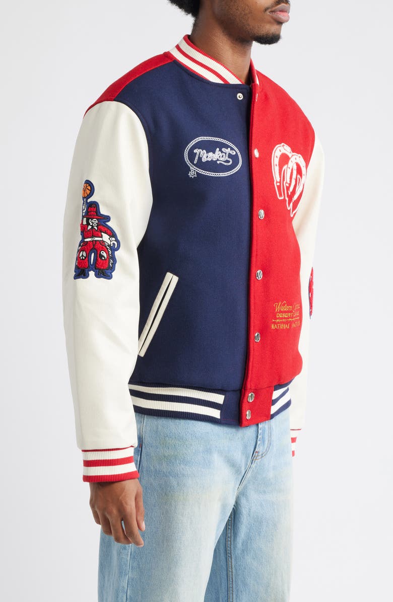MARKET Old West Varsity Jacket, Alternate, color, Navy / Salsa