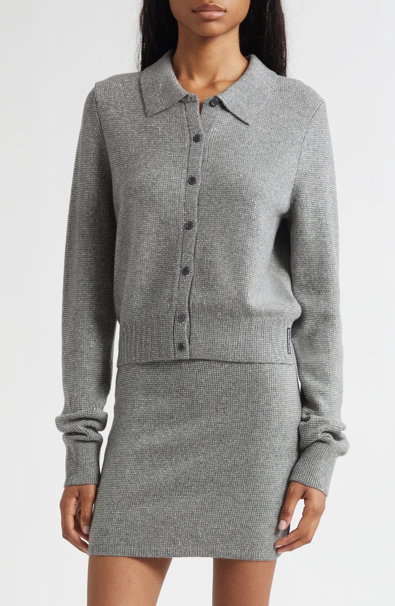 Alexander Wang Crystal Hotfix Wool Blend Polo Cardigan, Main, color, Heather Grey