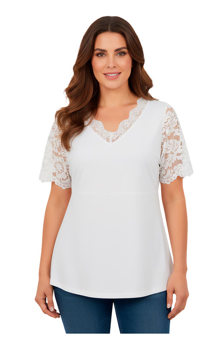 Jessica London Lace Trim V-neck Top, Main, color, White