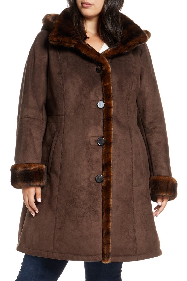 Faux Fur Lined Hooded Coat, Main, color, CHOCOLATE