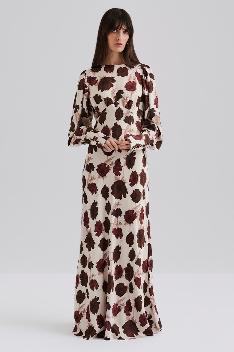 Alize Long Sleeved Satin Maxi Dress, Main, color, Wine Peony