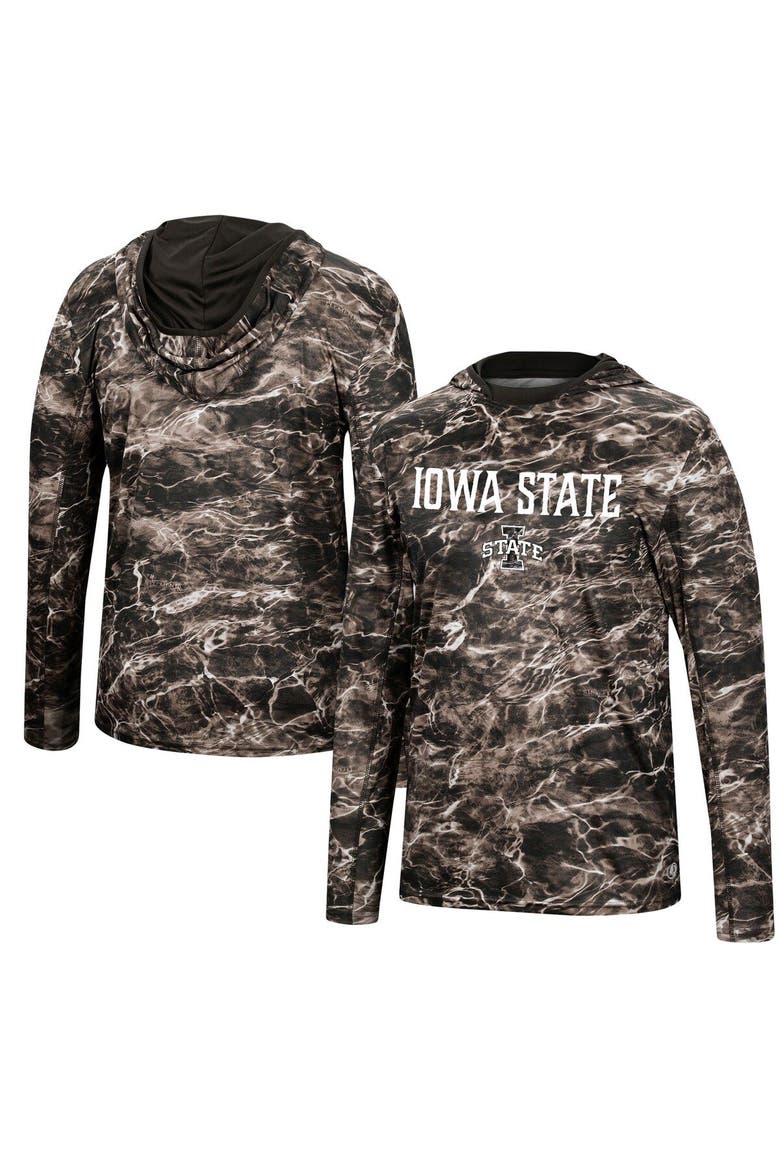 Men's Colosseum Black Iowa State Cyclones Mossy Oak SPF 50 Performance Long Sleeve Hoodie T-Shirt, Main, color, Black