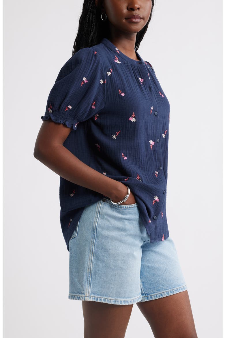 Short Sleeve Embroidered Flower Cotton Popover Top, Alternate, color, NAVY- RED TOSSED BLOSSOMS